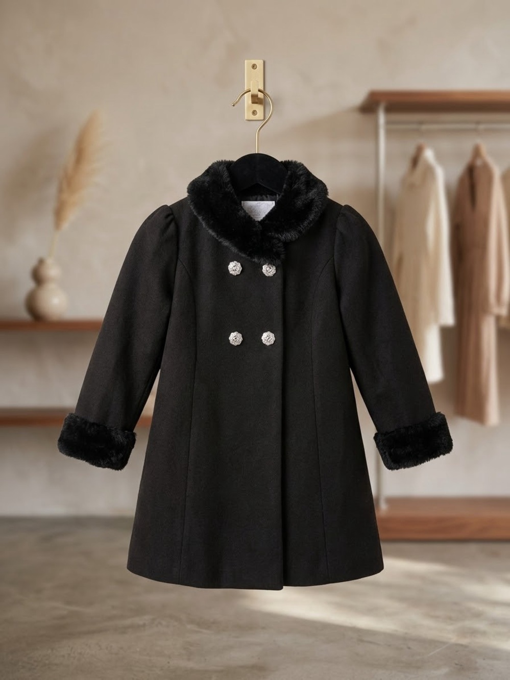 Girls' Black Double-Breasted Faux-Fur Trim Pea Coat